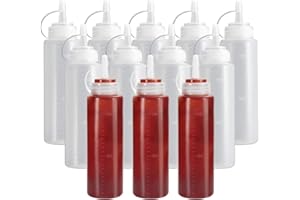 OAMCEG 12 Stück Squeeze Flaschen， 8 OZ Kunststoff Gewürz Squeeze Würzpressflaschen Squirt Flaschen mit diskreten Messungen, für Ketchup, BBQ, Saucen, Sirup, Gewürze, Dressings, Farbe - BPA frei