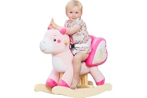 labebe Baby Schaukeltier Holz, Schaukelpferd Plüsch, Spielzeug Schaukelpferd Rosa Einhorn für Baby 1-12 Jahre Alt, Schaukel Pferd/Indoor Schaukel&Garten/Schaukeltier Rosa