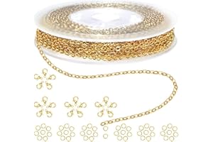 Clyhon 10M Cadenas para Hacer Joyas, Cadena de Cable de Acero Inoxidable, Collares de Cadena con 50 Anillas Abiertas y 20 Cierres de Langosta para Accesorios de Bisutería de DIY (Oro)