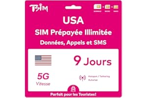 TSIM Carte SIM USA 9 Jours. Réseau T-Mobile avec données illimitées à Haute Vitesse en 5G/4G/LTE | Appels et SMS locaux illimités aux USA (Hawaï Inclus). Carte SIM 5G !