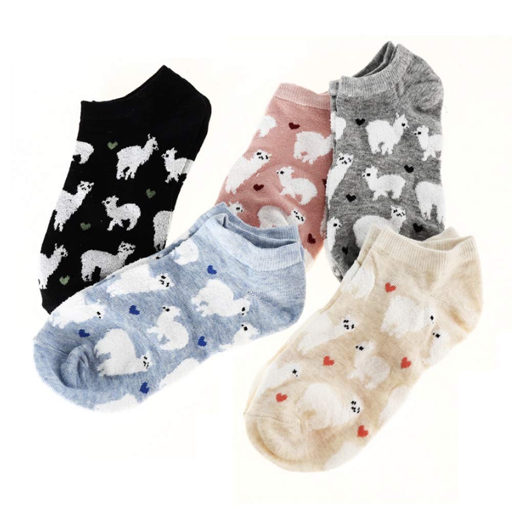 EPRHY Damen Mädchen Low Cut Socken, 5 Paar, süße Cartoon Alpaka und Herz-Muster, weiblich, Fashion Knöchel, Keine Show Socken, Baumwolle, Casual Socken, Geschenkidee, Ventil