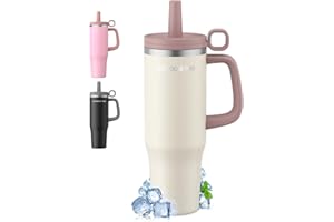 OUTDOUSE PRO 1200ml Taza Térmica - Vaso Térmico con Asa y Pajita - Termo Café sin BPA 1.2L - Taza para Beber Caliente y Frío - Marrón Claro