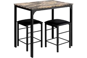 HOMASIS Esstisch Set mit Essstühlen, Bartisch Set mit 2 Barhockern, Essgruppe mit Sitzkissen & Pedale, Sitzgruppe aus Holz & Metall, Küchentisch Stehtisch für Wohnzimmer Esszimmer (Braun)