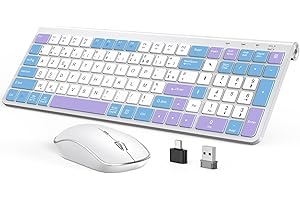 JOYACCESS Clavier et Souris sans Fil Ergonomiques, France AZERTY, Silencieux, Portable, Inclut des Ports USB-A et USB-C, Film Protecteur pour Clavier, pour Mac/PC/Laptop/Windows - Bleu et Violet