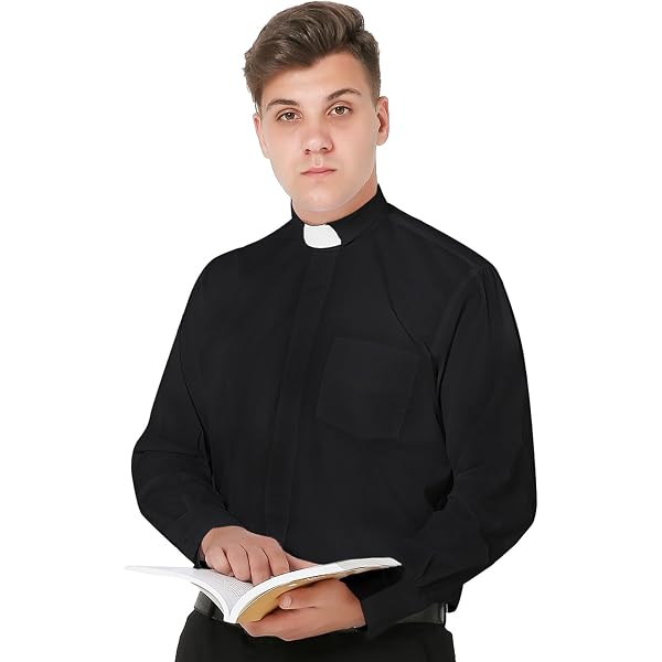 IvyRobes Mens Tab-Collar Long Sleeves Clergy Shirt Black (Necksize