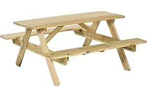 BrackenStyle Jersey Wooden Picnic Table with Bench and Parasol Hole - 1 Piece Furniture Outdoor Dining for Picnic, Pubs, Patio, Garden, BBQ, 6 People Seater with 1.4M Length