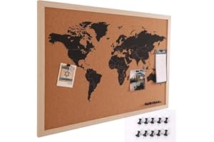 Bakaji Pannello Bacheca Mappamondo in Sughero Cartina Geografica Mappa del Mondo Telaio in Legno con Cornice Dimensione 60 x 40 cm da Parete Muro Design Moderno con 10 Puntine Idea Regalo