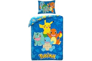Halantex Zestaw pościeli Pokemon z Pikachu, Salamche, Carapuce et Bulbizarre, poszwa na kołdrę 140x200 cm + poszewka na poduszkę, niebieski, POK579