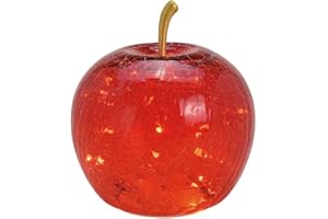 Seyila Home Dekorative Glas Apfel Leuchte mit LED Beleuchtung und Timer (unten), Crackle-Effekt Glas, Goldener Stiel, Weihnachtsdeko, Lampe (Rot, 11 cm)