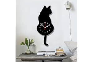 Topkey Wall Clock Creative DIY Cat Acrylic Wall Clock with Swing Tail Pendulum for Living Room Bedroom Kitchen Home Décor - Battery Not Included (42CM x 18CM) Black
