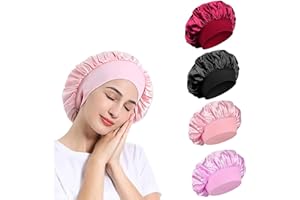 HUIBOHOU 4Pcs Hair Bonnet for Sleeping, Wide Elastic Band Satin Bonnet Shower Cap for Women Girls Makeup Hair Care Elastic Hat Soft Sleep Cap Satin Head Cover for Night Sleep Curly Hair Protection
