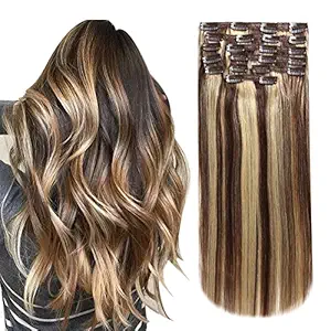 HEESAGA Clip in Real Human Hair Extensions, 14 Inch 120 Grams/4.2 Ounce 10 Pieces with 22 Clips per Set (#4/27 Medium Brown/Dark Blonde)