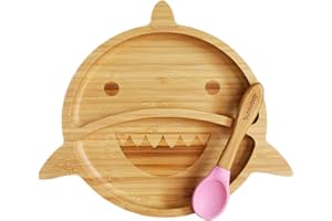 Bubbaboo Bamboo Plate and Spoon Set Baby Suction Plate Shark Design (Pink)