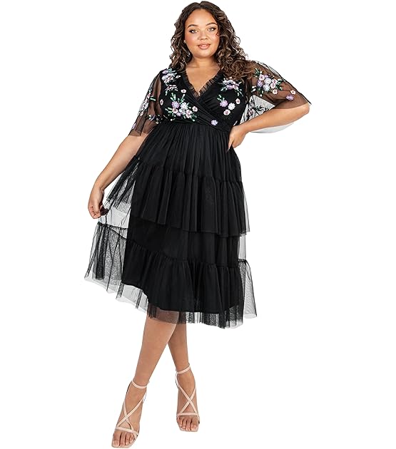 Damen Ladies Embroided for Women Flowers Sequin Embellishment Tier Plunging V Neckline Midaxi Evening Gown Black Mesh Dress