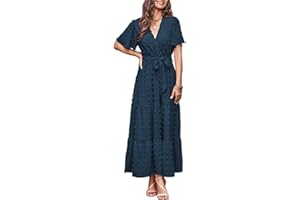 Yageshark Letnia sukienka damska, długa, boho, krótki rękaw, z falbankami, dekolt w kształcie litery V, sukienka plażowa z paskiem, jednokolorowa sukienka maxi 2023