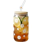 Glas met Deksel en Rietje, ESYFOR 16 oz Drinkbeker Esthetisch Madeliefjesdesign Elegant Drinkglas Veelzijdig Matcha-Glas voor