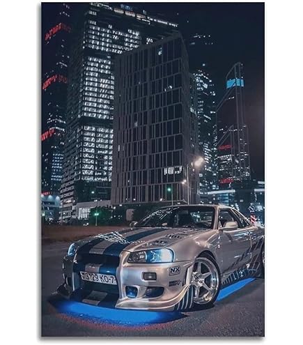 WXXF Nissan Skyline Fast and Furious 2 Night Canvas Kunst Poster en Muurkunst Foto Print Moderne Familiekamer Decor Poster 24 x 36 inch (60 x 90 cm