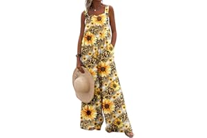 PADOLA Salopette Femme Combinaison Femme été Fluide Floral Imprimé Décontractée Salopettes Bohème Jumpsuit sans Manches Bretelles Coton Overalls avec Poche Jambes Larges Ample