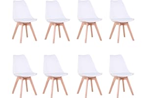 GrandCA HOME Set di 8 Sedie Imbottite per Sala da Pranzo Con Gambe in Legno Massello di Faggio, Adatte per Sala da Pranzo, Soggiorno, Cucina, Camera da Letto, Bianco