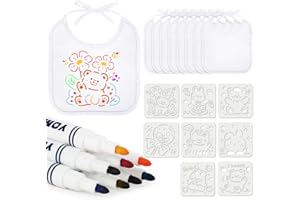 Aolso DIY Bavoirs Bebe Naissance, 8 Pièces Bavoirs Bebe de Peinture Coton Blanc pour Bébé avec 8 Stylos Textiles de Couleur et 8 Pochoirs de Peinture, Cadeau pour Babyshower Une Fête De Naissance