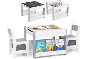 Maxmass 4 in 1 Toddler Table and Chair, Wooden Children Activity Table with Dual-sided Tabletop, Storage Bins, 3 PCS Kids Desk and Chair for Learning Playing Drawing (White+Grey, 61x61x48cm)