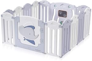 Baby Vivo Kojec dla dzieci, składany, kratka do raczkowania, kratka ochronna dla dzieci, z tworzywa sztucznego, z drzwiczkami i zabawkami, 14 elementów w kolorze szarym i białym – kapitan Benjamin