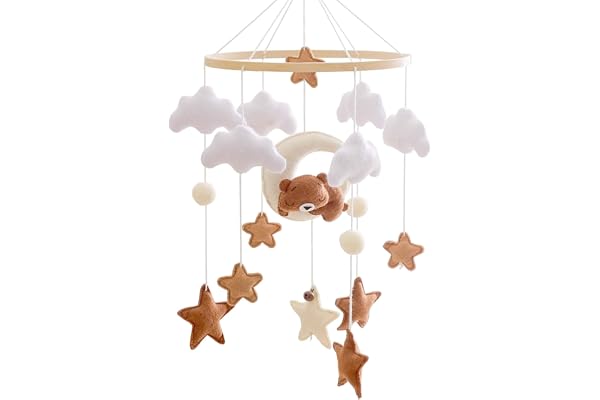 Mobile lit bébé, Mobile Bébé Bois avec Ours Etoiles Nuages Lune Cloches, Bois Berceau Bébé Jouet, Carillon Mobile, Chambre de Bébé Cloche de Lit, Cadeaux Naissance pour Bébés Filles Garçons (Marron)