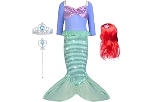 AUYAO Vestito Sirenetta Bambina Costume da Sirenetta Vestito Principessa Ariel Sirena, Costumi per Bambini Abito da Sirena, Sirena Principessa Vestito Costume con Parrucca per Halloween Natale Cosplay