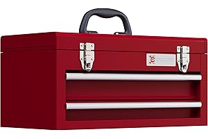 DURHAND Caja de Herramientas de Acero con 2 Cajones Tapa Abatible Bandeja Superior Cierres Metálicos y Asa Maletín de Herramientas Portátil para Taller Bricolaje Hogar 46x24x22 cm Rojo