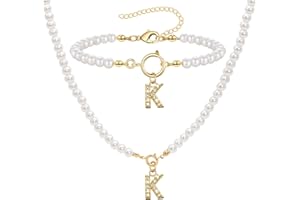 ZENGSING Initialen Perlenkette Halskette Armbänder Set Damen Perlenschmuck Set für Frauen Einstellbare A-Z Capital Initial Anhänger Perlenketten Perlenarmband mit Initial Geschenke für Frauen