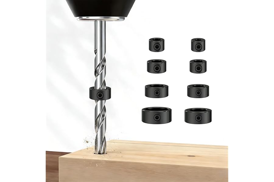 8 Pcs Drill Bit Depth Stop Collar Set, Adjustable Drill Stop Ring with Hex Wrench, 1/8 to 5/8 Inch Silver Steel Depth Limiter, Woodworking Positioner Kit for Precise Drilling Control