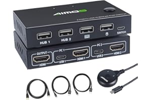 AIMOS KVM Switch, 2 In 1 Out Umschalter Aktie Monitor Maus Tastatur HDMI Switcher 4K @ 30Hz für Laptop, PC, PS4, Xbox, Kann Mit USB HUB Funktion, Aktualisieren Sie die externe Schaltertaste