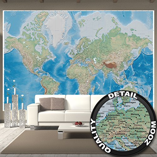 Fototapete Weltkarte Wandbild Dekoration Miller Projection im plastischen Relieffdesign Erde Atlas Weltkugel Landkarte Geographie Foto-Tapete Wandtapete Fotoposter Wanddeko by GREAT ART (336 x 238 cm)