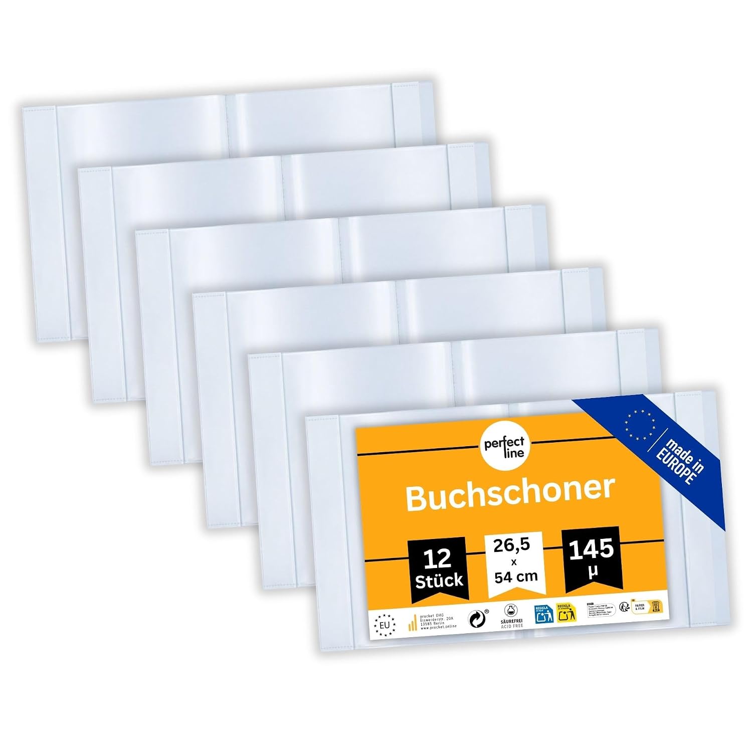 perfect line – 12x Buchumschlag 26,5 cm Höhe – Schulbuchhülle extra stabil | Buchschoner glasklar, transparent, abwischbar – Hülle bis 54 cm Breite – dokumentenecht - säurefrei