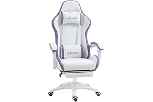 Vinsetto Silla Gaming Ergonómica, Silla Gamer de Cuero PU con Reclinable 135°, Soporte Lumbar, Altura Ajustable, Reposacabezas y Reposapiés Retráctil, para Oficina, Estudio, Blanco y Violeta