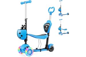 YOLEO 5-in-1 Kids Scooter with Removable Seat, LED Flashing Wheels Height Adjustable 3 Wheels Kick Scooter with Push Handle for Toddlers, Boys and Girls from 2 Years