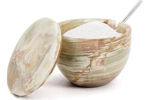 MARBLOUS KRAFTS Saliera in marmo di onice verde con coperchio e cucchiaio, 7,6 x 10,2 cm, sale e pepe per cucina, porta sale con coperchio e cucchiaio