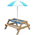 TP Toys 602 Wooden Sand & Water Bench | with Parasol | Garden and Outdoor Furniture Picnic Table with Sunshade | for 4 Kids | Age 2+