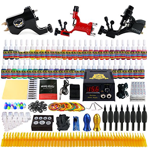 Solong Tattoo® Professional Complete Tattoo Supply Kit 3 Rotary Tattoo Machine Guns 54 Tattoo Inks Power Supply with LCD Display Foot Pedal Fake Skin Tattoo Needles Tips TK355