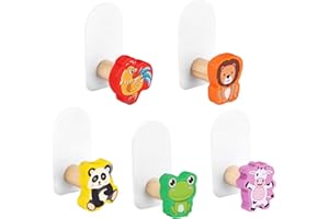 RUNEAY Children's Coat Hooks, Pack of 5, Children's Wooden Coat Hooks, Self-Adhesive Hooks, Animals, Clothes Hooks, Children, No Drilling Hooks for Children's Wardrobe, Children's Wardrobe Hooks
