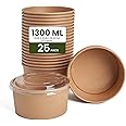 ecoway 25 Pack Ecofriendly Disposable Food Bowls Container With Lids Paper For Salad Soup Biodegradable Leakproof Microwave Safe Hot & Cold 1300 Ml Brown