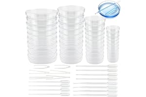 Jiehaojia 40 Stück Kunststoff Petrischalen Set mit Deckel 35, 60, 70, 90mm Transparente Petrischalen mit 12Pcs Kunststoff-Transferpipetten und 6 Pcs Pinzette, für Labor