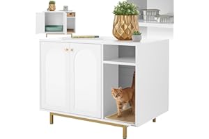 tectake® Mueble arenero Gatos 2 en 1 con Entrada Lateral y Puertas magnéticas, Compartimento Integrado, Alfombra arenero Gato, para Caja de Arena Gatos - Blanco/Dorado