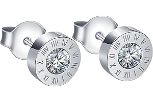 INFINIONLY Men's Boy's Stainless Steel Earrings Studs Novelty Earrings for Women Roman Numerals Stones Earrings Diameter 8mm Creative Stainless Steel Jewellery