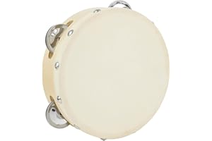A-Star Pandereta de madera con cabeza de mano de 6 pulgadas/15 cm, Fila de cascabel tradicional de un solo metal - Cabeza natural