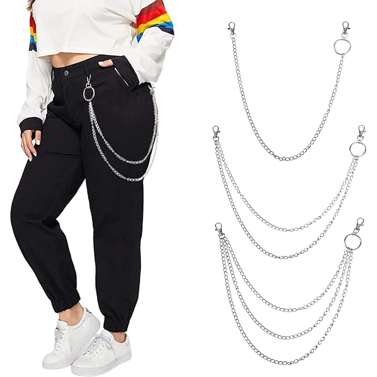 Bremorou kettingriem, zilveren broekketting, jeansketting, punk jeans ketting, hip hop rock sleutelketting, 3-laagse tasketting, riem voor dames en heren, portemonnee, tas, riem