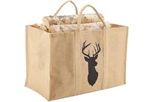 OUTILS ET NATURE Sac à bûches tete de cerf en toile de jute plastifié 30x60x40cm