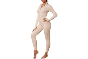 Svanco Mujer Mono de Cremallera Deportivo Manga Larga Mono de Yoga Jumpsuit Elásticos de Una Pieza Monos de Punto Acanalado Ajustado Mallas Sexy para Gimnasio Entrenamiento Overol S-L