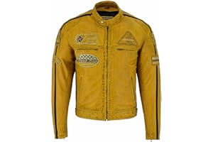 PRO FUTURE Giacca Moto Pelle Scooter Cafe Racer,Naked da Uomo Vintage Gialla