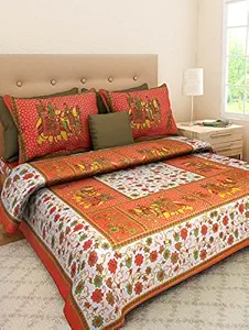 UNIBLISS Cotton Floral Rajasthani Jaipuri Traditional King Size Double Bed Bedsheet with 2 Pillow Covers - (Orange)
